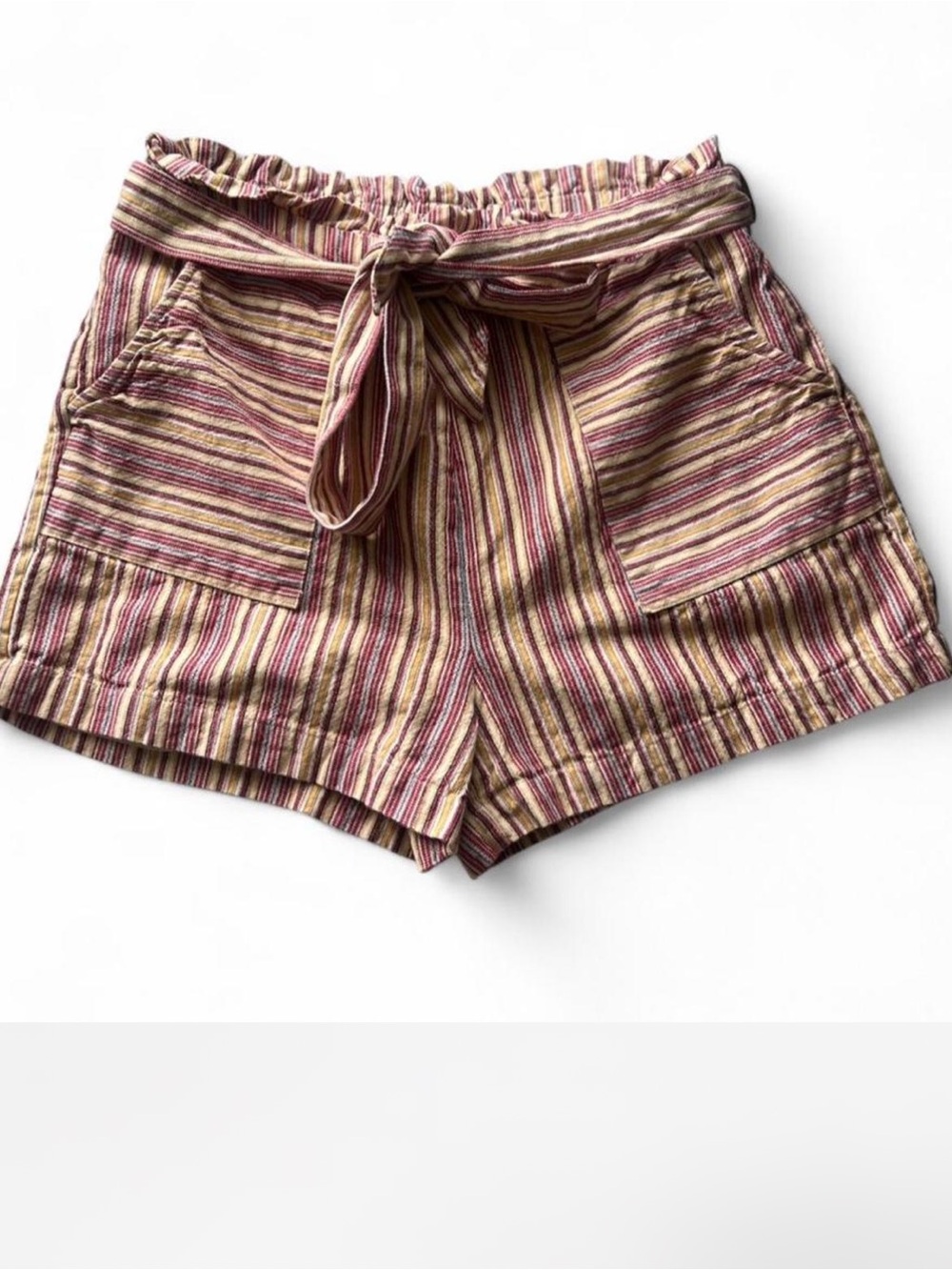 miami Striped High-Waist Tie-Front Shorts in Mauve & Cream